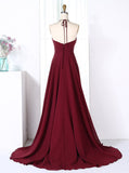 Burgundy Bridesmaid Dresses,Halter Bridesmaid Dress,Chiffon Bridesmaid Dress with Train,BD00201