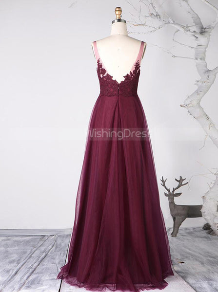 Burgundy Bridesmaid Dresses,Tulle Long Bridesmaid Dress,BD00339