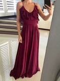 Burgundy Chiffon Bridesmaid Dress,Spaghetti Straps Prom Dress,Simple Long Prom Dress PD00021