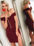 Burgundy Cocktail Dresses,Off the Shoulder Cocktail Dress,Tight Cocktail Dress,CD0005