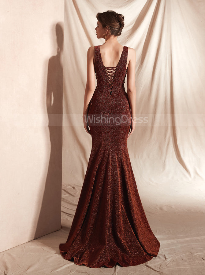 burgundy tight fitted prom dress Long Net-Jersey Prom Dress with Ruched Corset Bodice PromGirl