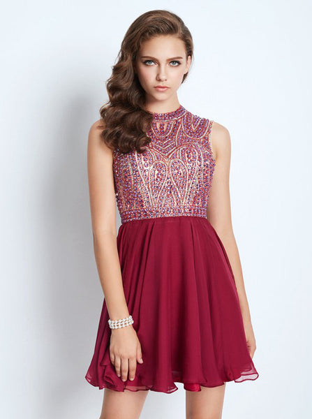 Burgundy Homecoming Dresses,Open Back Homecoming Dress,Beaded Cocktail Dress,HC00151