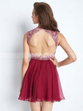 Burgundy Homecoming Dresses,Open Back Homecoming Dress,Beaded Cocktail Dress,HC00151