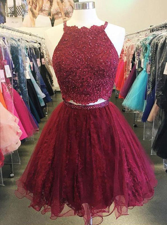 Burgundy Homecoming Dresses,Two Piece Homecoming Dress,Short Homecomin