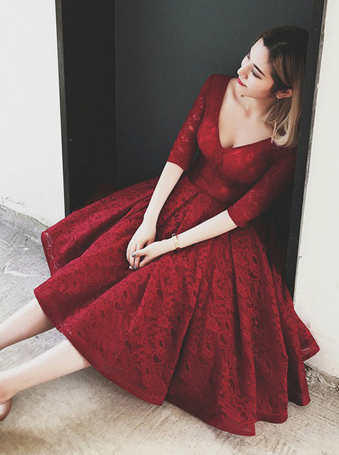 Burgundy Lace Party Dresses,Vintage Homecoming Dresses with Sleeves,HC