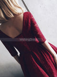 Burgundy Lace Party Dresses,Vintage Homecoming Dresses with Sleeves,HC00169