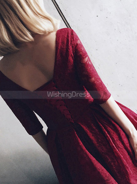 Burgundy Lace Party Dresses,Vintage Homecoming Dresses with Sleeves,HC00169
