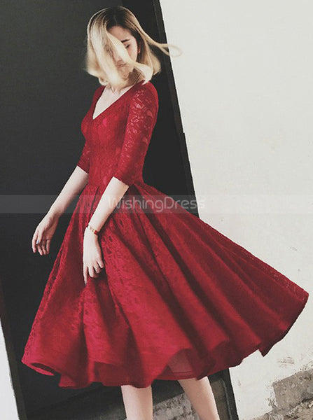 Burgundy Lace Party Dresses,Vintage Homecoming Dresses with Sleeves,HC00169