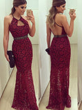 Burgundy Lace Prom Dress,Formal Long Evening Dress,Backless Prom Dress PD00025