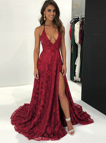 Burgundy Lace Prom Dress,Halter Neck Lace Evening Dress,Lace Prom Dress with Train PD00073