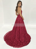 Burgundy Lace Prom Dress,Halter Neck Lace Evening Dress,Lace Prom Dress with Train PD00073