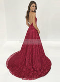 Burgundy Lace Prom Dress,Halter Neck Lace Evening Dress,Lace Prom Dress with Train PD00073