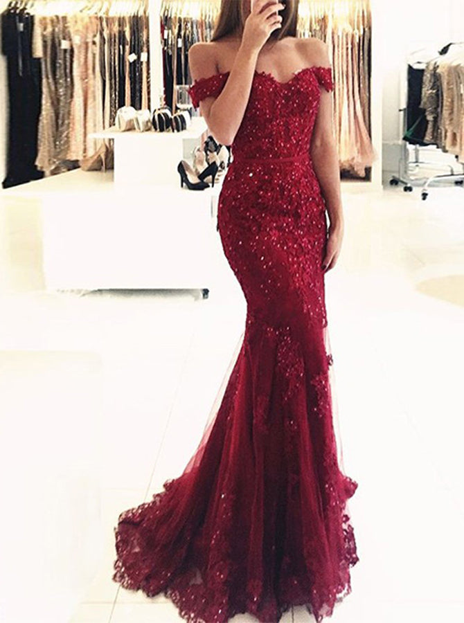 burgundy mermaid dress Silk Satin Simple Prom Dresses TANYA BRIDAL Looking for a perfect dress for your event? Off the Shoulder Burgundy Mermaid