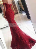 Burgundy Mermaid Evening Dress,Lace Off the Shoulder Evening Dress,Tight Lace Prom Dress PD00092