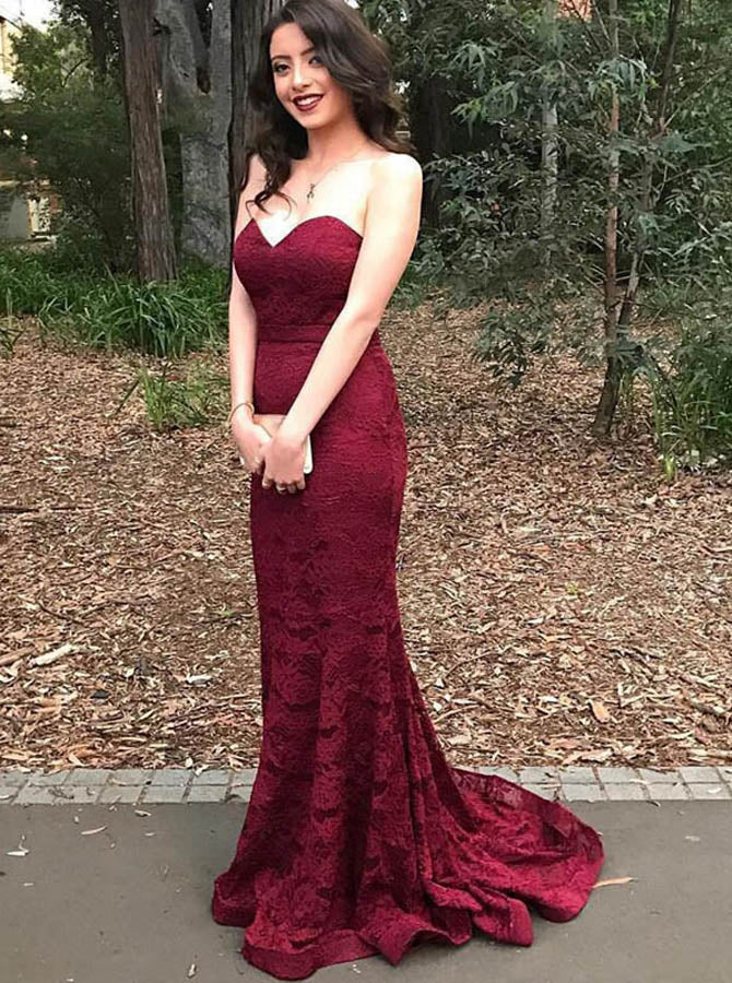 Burgundy Mermaid Prom Dress,Lace Elegant Evening Dress,Strapless Prom