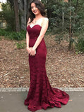 Burgundy Mermaid Prom Dress,Lace Elegant Evening Dress,Strapless Prom Dress PD00052