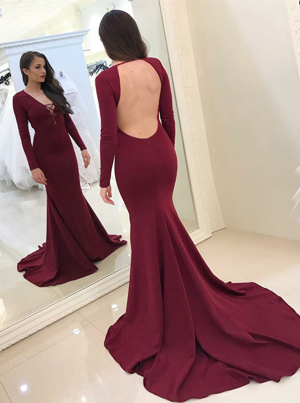 Burgundy Mermaid Prom Dress,Evening Dress with Long Sleeves,Blackless