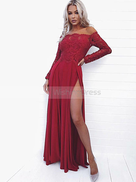 Burgundy Off the Shoulder Prom Dress,Lace Satin Evening Dress,Prom Dress with Lace Sleeves PD00110