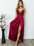 Burgundy Prom Dress,Sequined Prom Dress,Prom Dress with Slit,Backless Prom Dress,PD00295