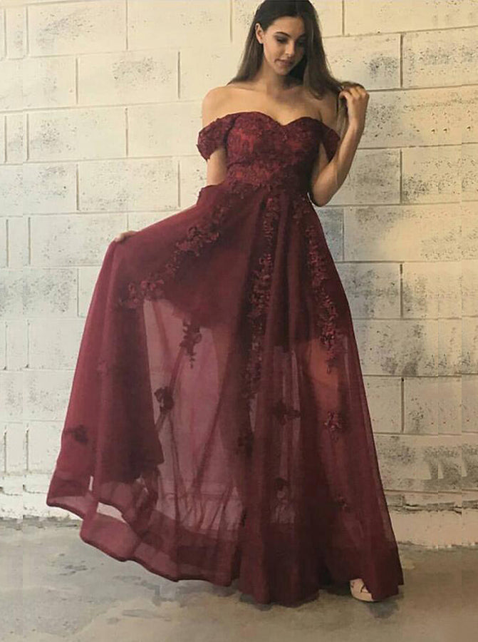 Off the Shoulder Burgundy Lace Prom Dresses, A line Long Prom Dresses Off the Shoulder Burgundy Lace Prom Dresses, A line Long Prom Dresses