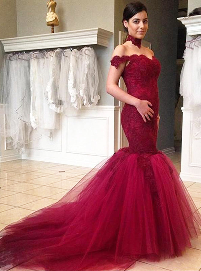 Burgundy Prom Dresses,Off the Shoulder Prom Dress,Mermaid Prom Dress,P