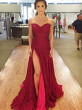 Burgundy Prom Dresses,Off the Shoulder Prom Dress,Prom Dress with Slit,Chiffon Prom Dress,PD00215