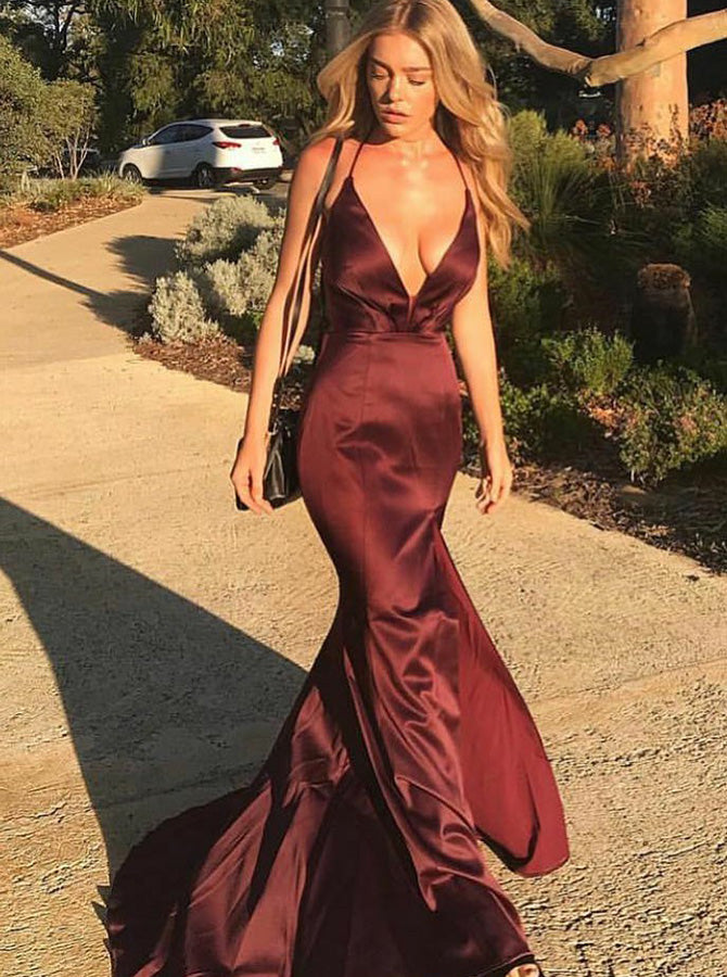 Burgundy Prom Dresses,Open Back Prom Dress,Mermaid Prom Dress,Simple Evening Dress,PD00276 US12 / Burgundy