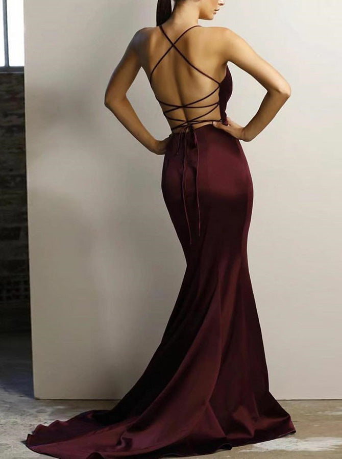 Burgundy Prom Dresses,Open Back Prom Dress,Mermaid Prom Dress,Simple E
