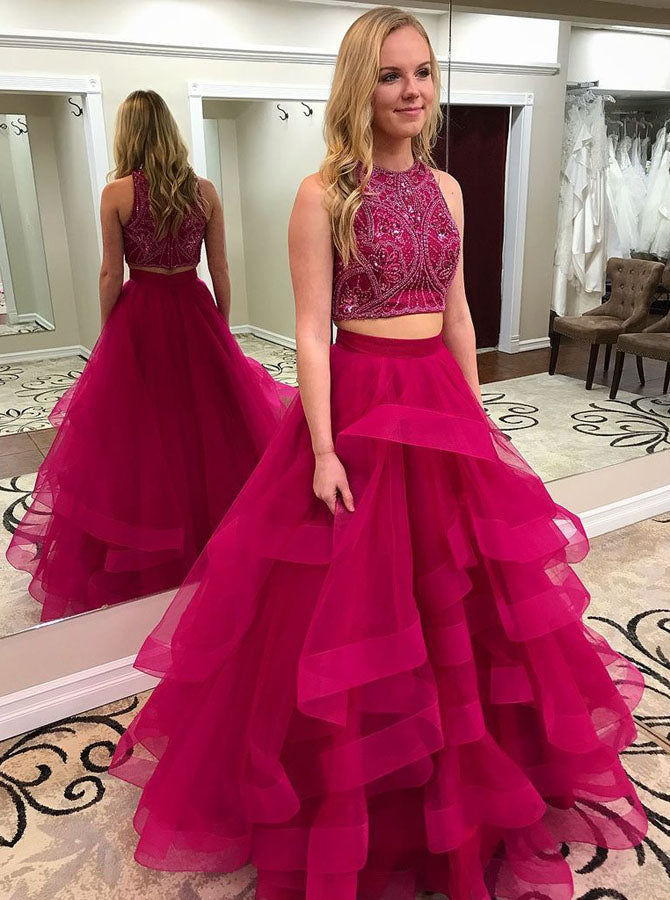 Burgundy Prom Dresses,Two Piece Prom Dress,Ruffled Tulle Prom Dress,PD