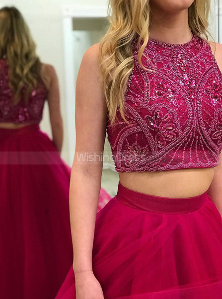 Burgundy Prom Dresses,Two Piece Prom Dress,Ruffled Tulle Prom Dress,PD00358