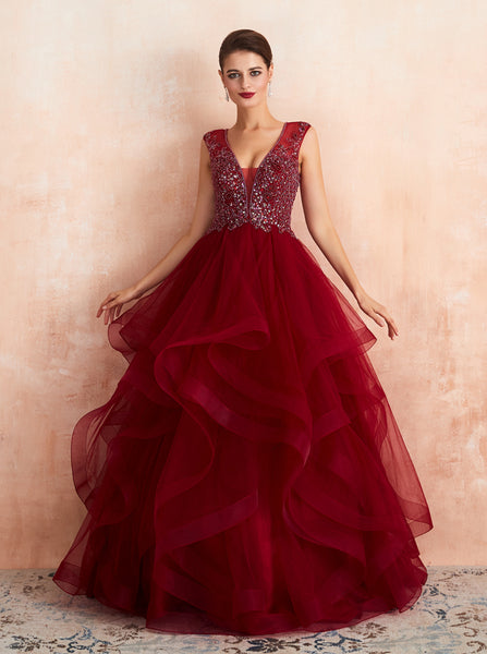 Burgundy Tiered Prom Gown,Princess Sweet 16 Dress,PD00460