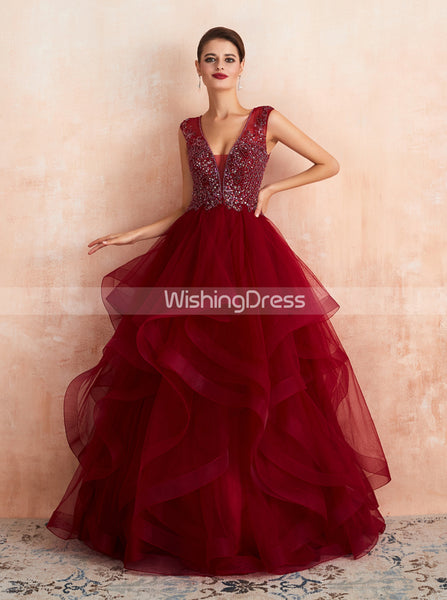 Burgundy Tiered Prom Gown,Princess Sweet 16 Dress,PD00460