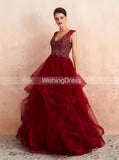 Burgundy Tiered Prom Gown,Princess Sweet 16 Dress,PD00460