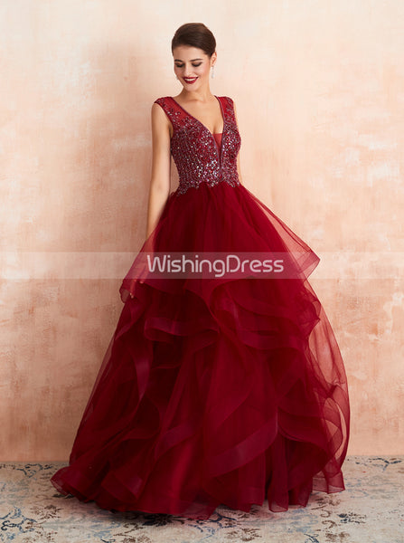 Burgundy Tiered Prom Gown,Princess Sweet 16 Dress,PD00460