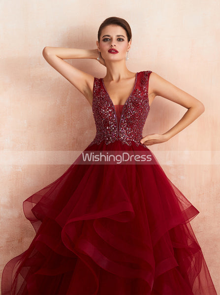 Burgundy Tiered Prom Gown,Princess Sweet 16 Dress,PD00460