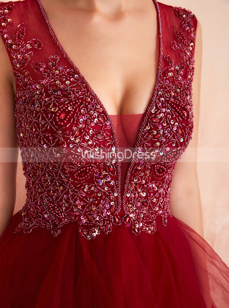 Burgundy Tiered Prom Gown,Princess Sweet 16 Dress,PD00460