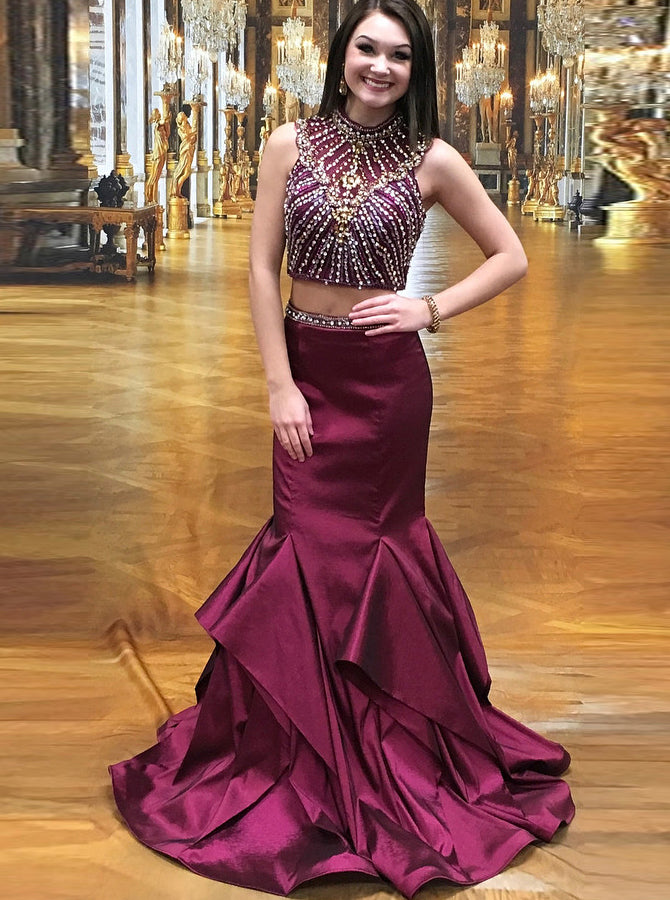 Burgundy Two Piece Prom Dress,Mermaid Prom Dress,High Neck Evening Dre