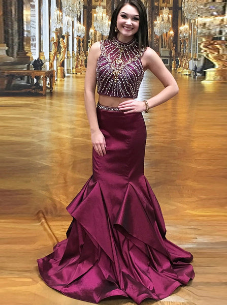 Burgundy Two Piece Prom Dress,Mermaid Prom Dress,High Neck Evening Dress PD00041