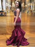 Burgundy Two Piece Prom Dress,Mermaid Prom Dress,High Neck Evening Dress PD00041