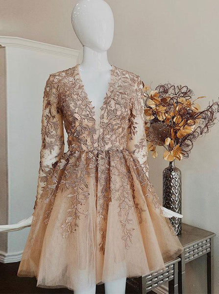 Champagne Homecoming Dress with Sleeves,Stunning Girl Party Dress,HC00173