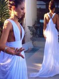 Chic White Prom Dress,Chiffon Evening Dress with Train,V Neck Long Prom Dress PD00090
