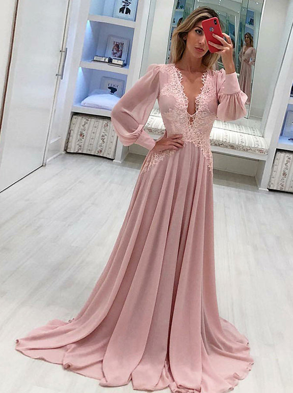 Chiffon Long Sleeves Prom Dress,Deep V neck Evening Dress,Wedding Gues - Wishingdress Chiffon Long Sleeves Prom Dress,Deep V neck Evening Dress,Wedding Gues - Wishingdress