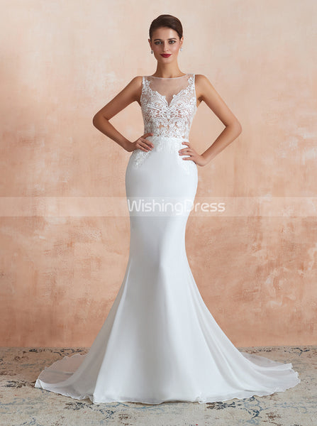 Chiffon Mermaid Wedding Dress,Beach Wedding Dress with Illusion Back,WD00476