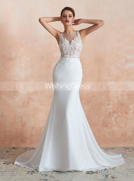 Chiffon Mermaid Wedding Dress,Beach Wedding Dress with Illusion Back,WD00476