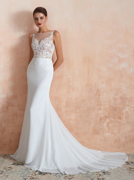 Chiffon Mermaid Wedding Dress,Beach Wedding Dress with Illusion Back,WD00476