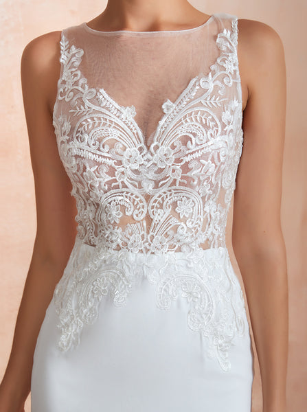 Chiffon Mermaid Wedding Dress,Beach Wedding Dress with Illusion Back,WD00476