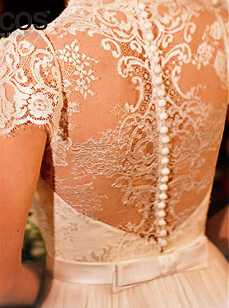 Chiffon Short Sleeves Wedding Dresses,Beach Bridal Dress with Illusion Lace Back,WD00313