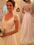 Chiffon Short Sleeves Wedding Dresses,Beach Bridal Dress with Illusion Lace Back,WD00313