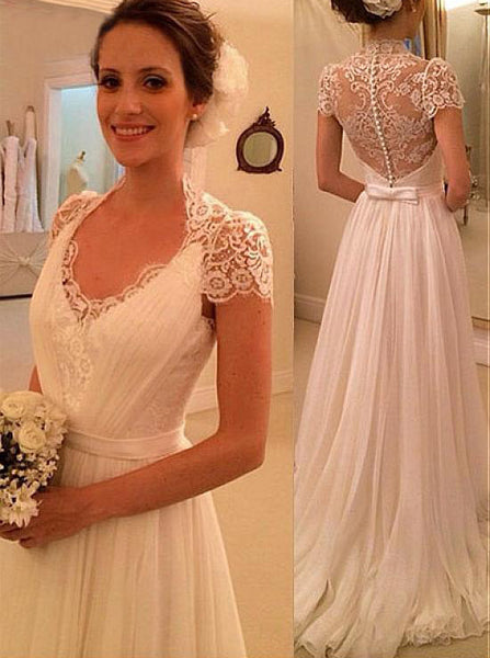 Chiffon Short Sleeves Wedding Dresses,Beach Bridal Dress with Illusion Lace Back,WD00313