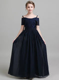 Chiffon Summer Junior Bridesmaid Dresses,Dark Navy Long Junior Bridesmaid Dress,JB00055